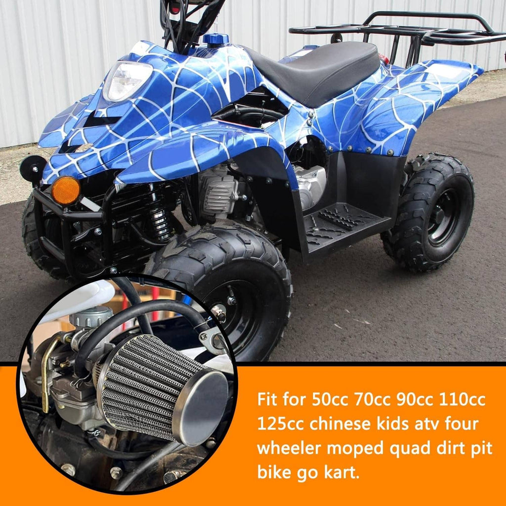 ATV engine with cone air filter and carburetor kit, black hoses and fittings