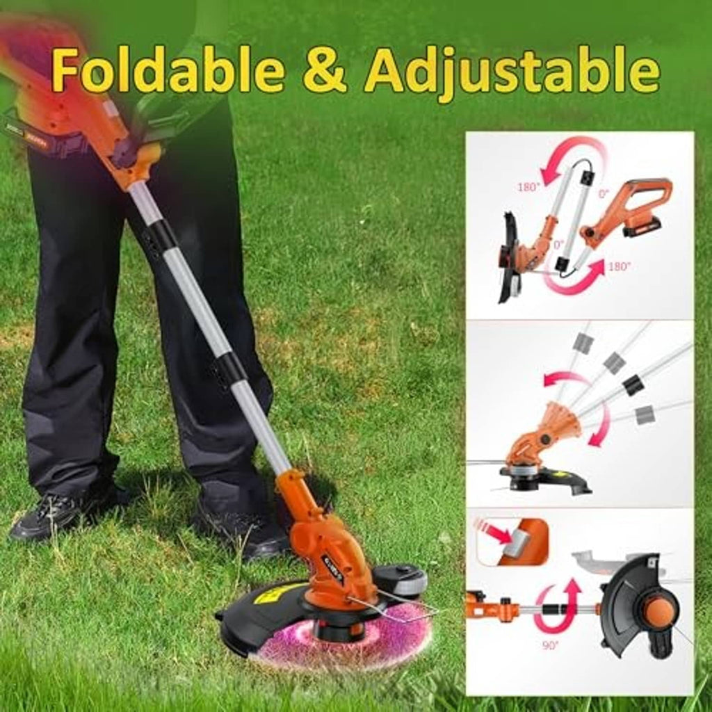 Orange cordless string trimmer with foldable adjustable shaft and spool cutting head