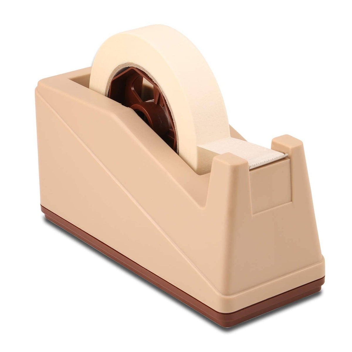 Beige desktop tape dispenser with a brown tape roll on top holder