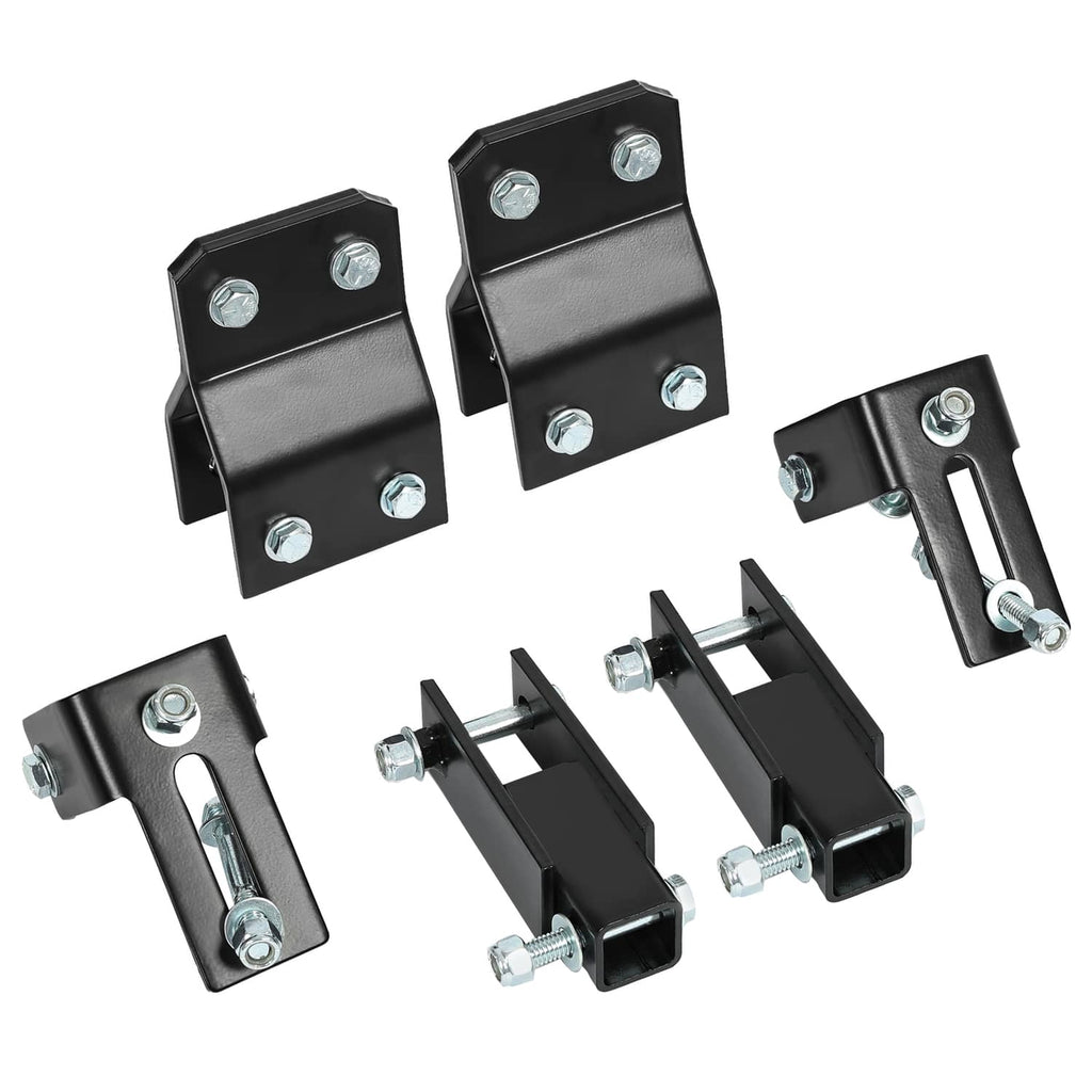 Steel lift bracket hardware set with black plates, pins, and mounting bolts