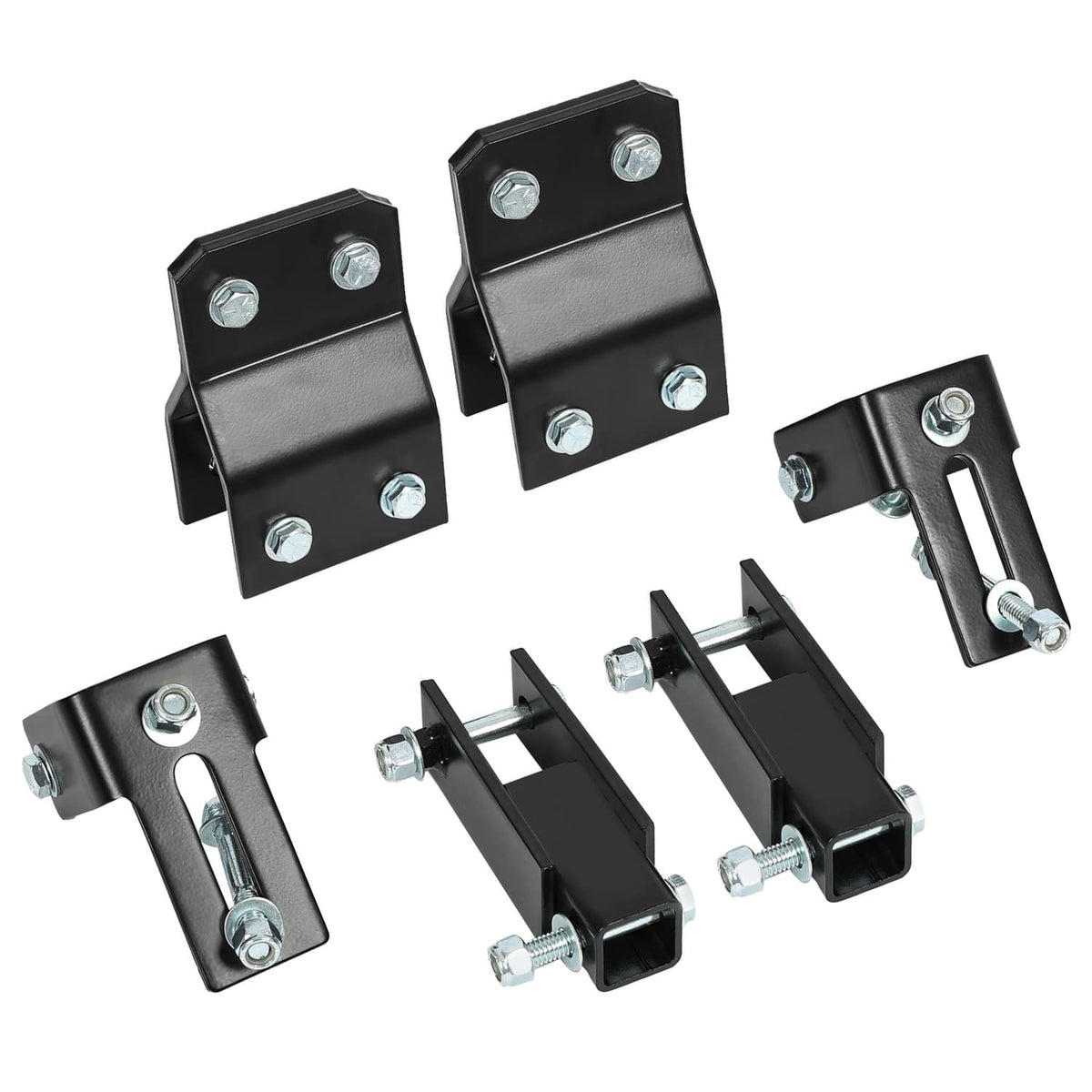 Steel lift bracket hardware set with black plates, pins, and mounting bolts