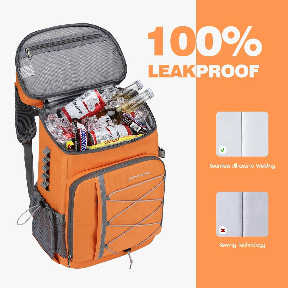 Orange leakproof cooler backpack with open top and inner compartment full of cans
