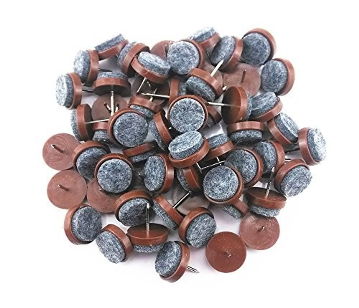 Felt nail-on furniture glide pads: brown bases with gray felt circles