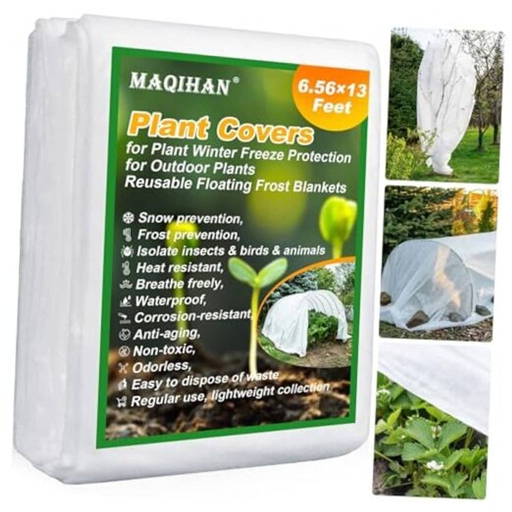 White plant cover freeze-protection bag with MAQIHAN branding and 6.56x13 feet size panel