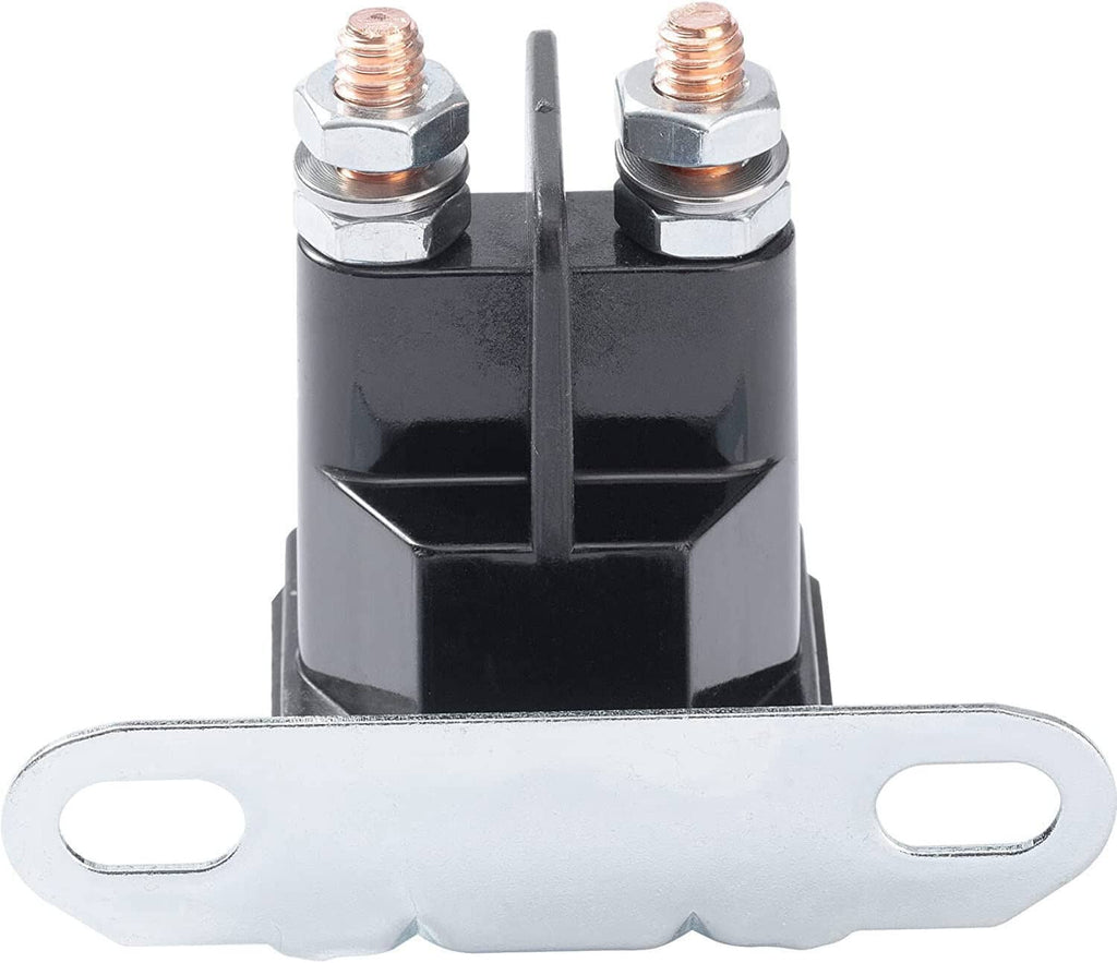 Lawn mower starter solenoid with black base, two copper-topped terminals, and white mounting plate