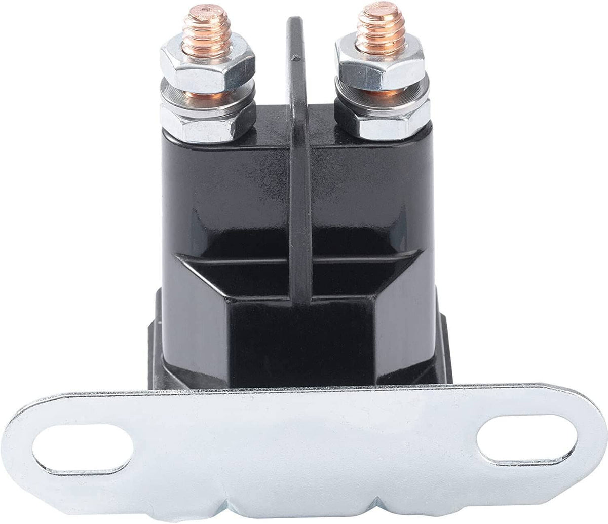 Lawn mower starter solenoid with black base, two copper-topped terminals, and white mounting plate