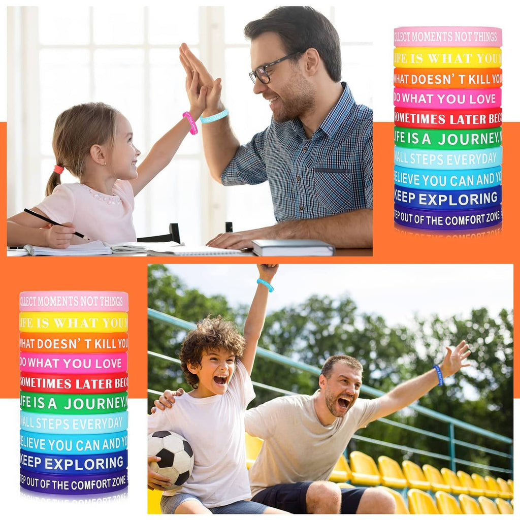 Motivational silicone wristbands in multicolor worn on a parent and child