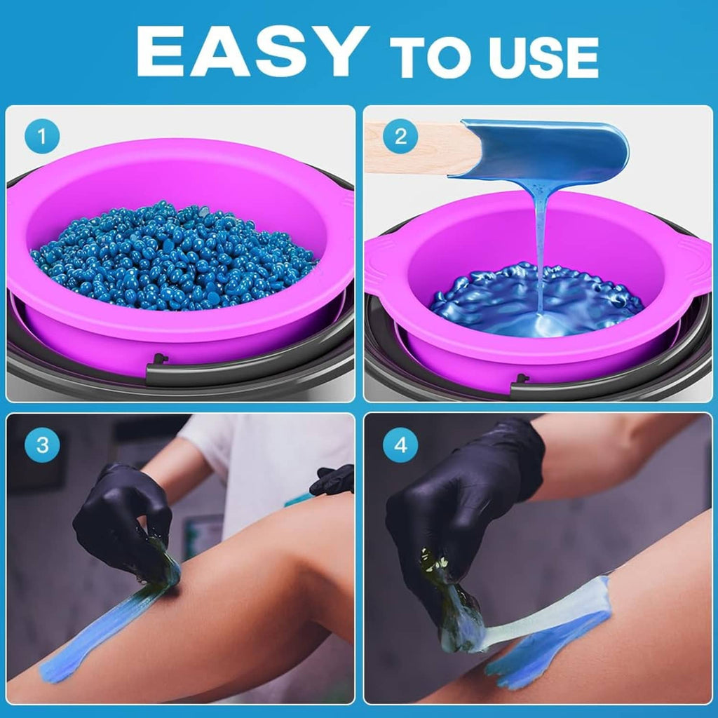 Hard wax beans melting in a pot, blue wax poured and spread