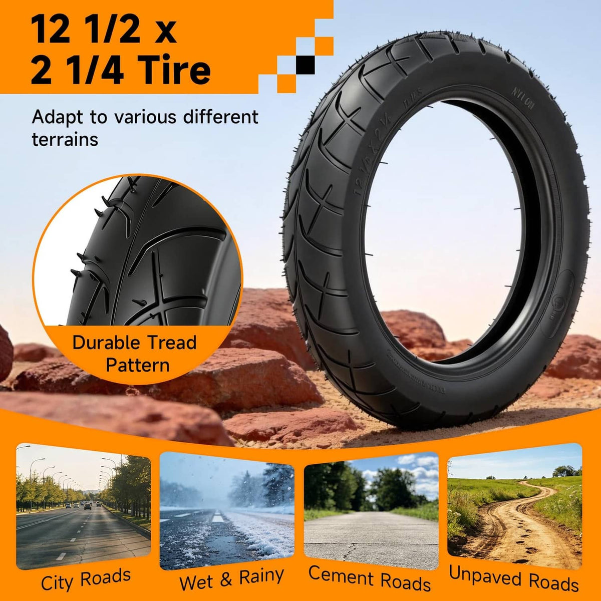 Black 12.5x2.25 tire with durable tread pattern for mixed terrain
