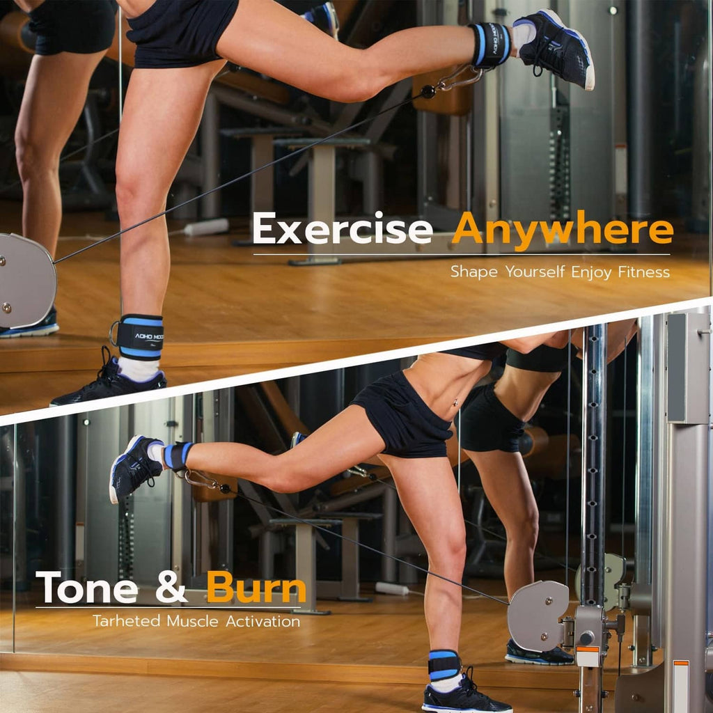 Blue adjustable ankle straps on legs using a cable machine, AOHO MOOON
