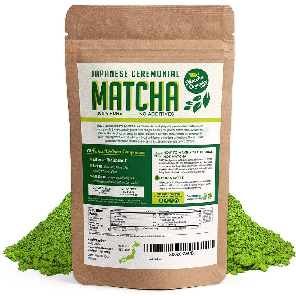 Matcha green tea powder bulk bag, kraft pouch with back label