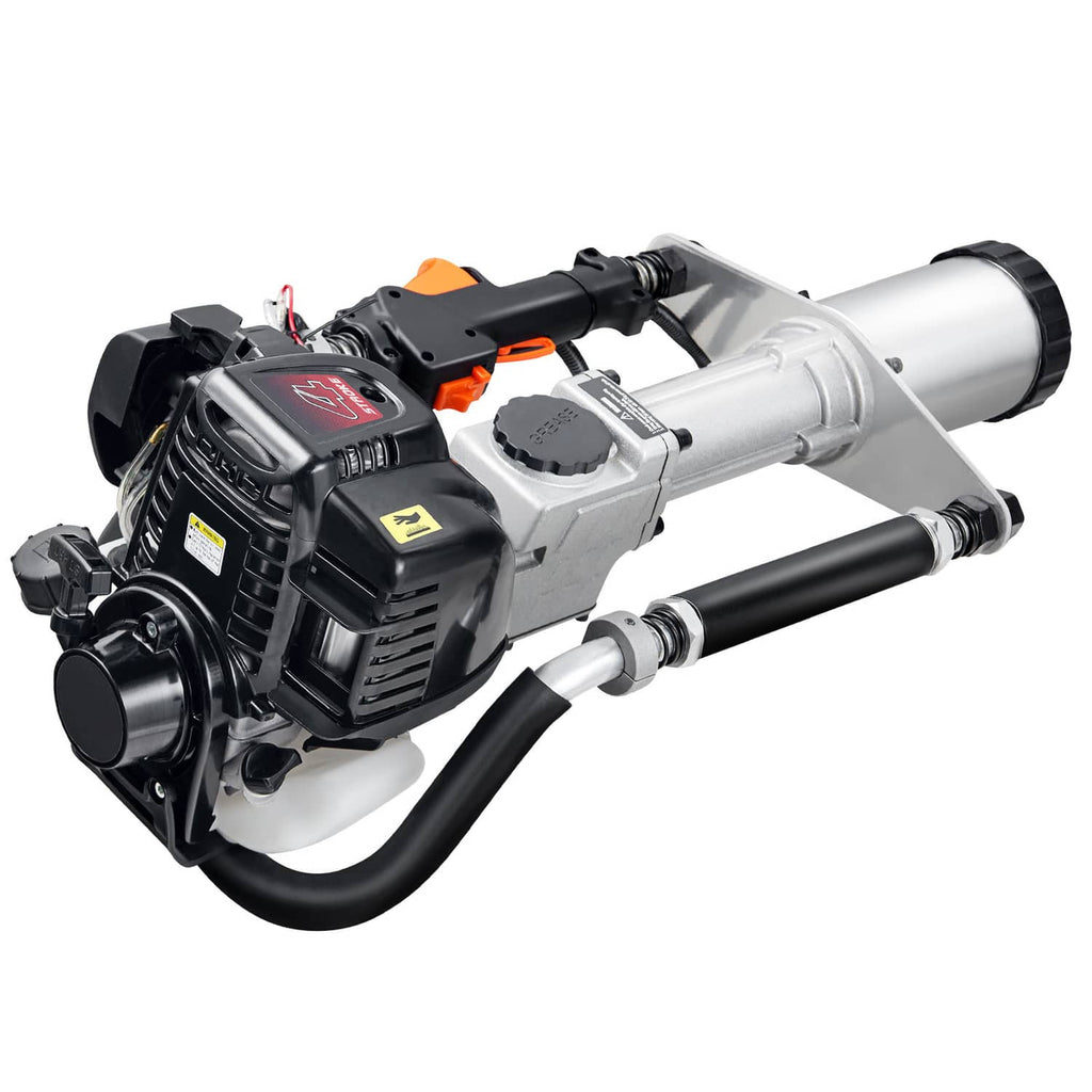 Gas-powered fence piling pounder close-up with black engine housing and silver cylinder