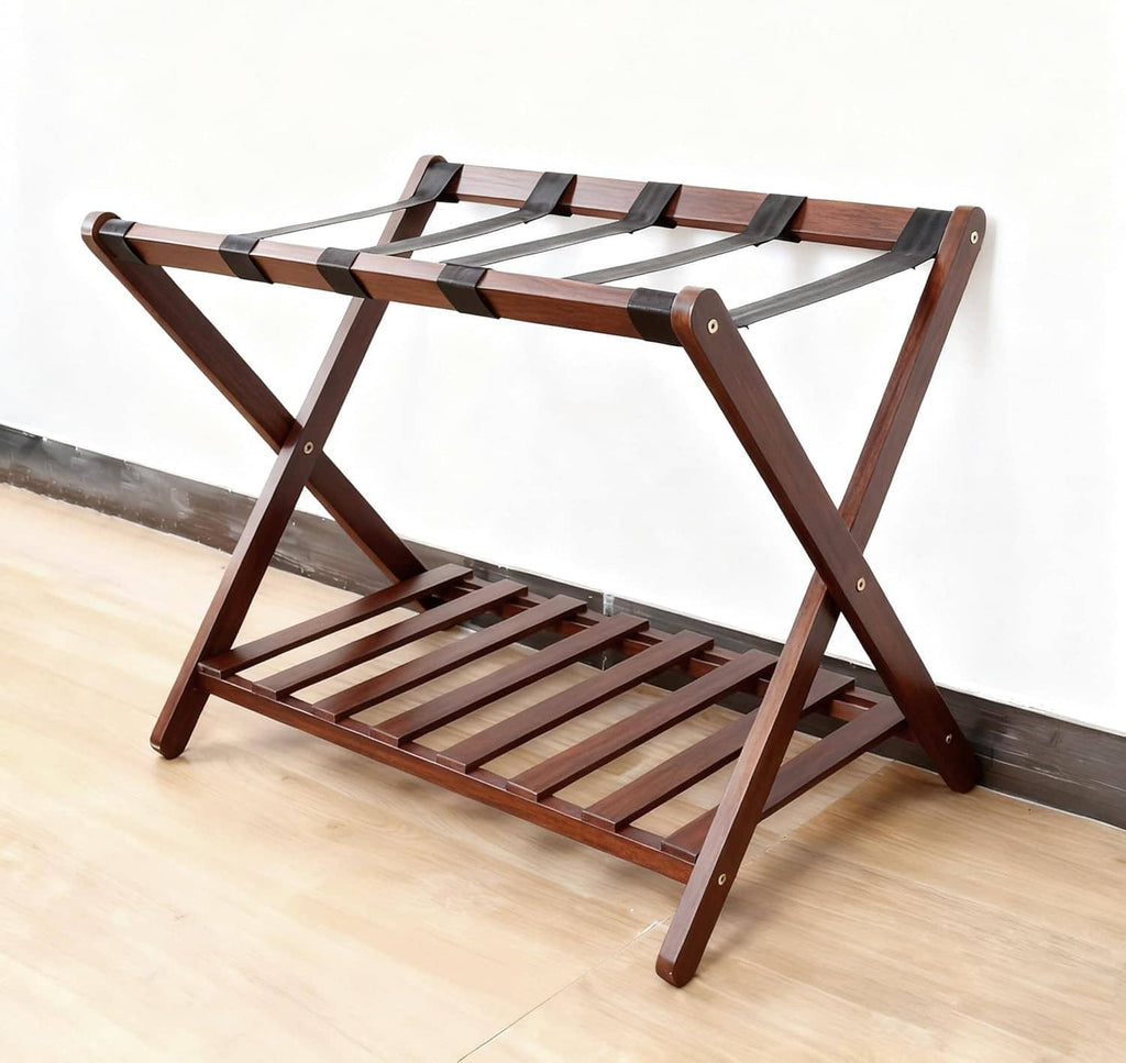Foldable wooden luggage rack with slatted top and bottom tiers, X-shaped support