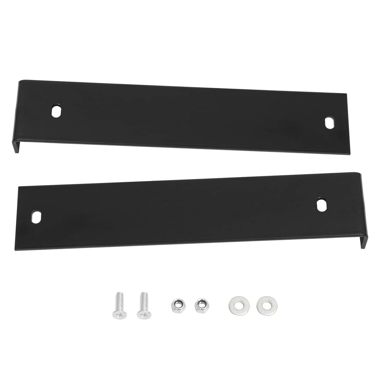 Black mounting brackets with holes, plus screws and washers set