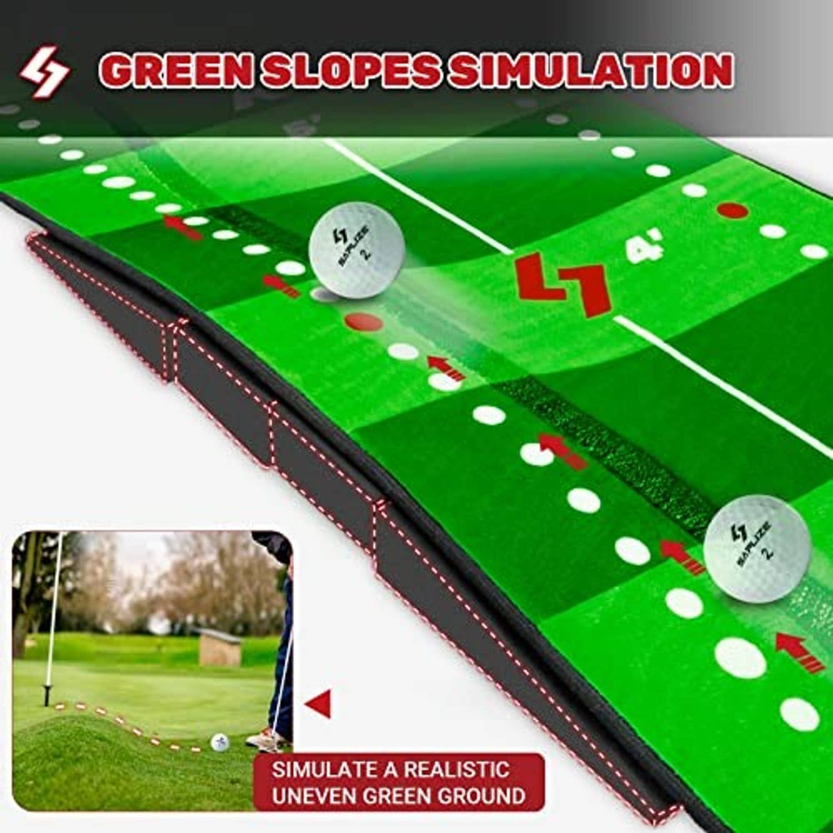 Green putting mat showing ball path on sloped lanes with grid markers and target spots