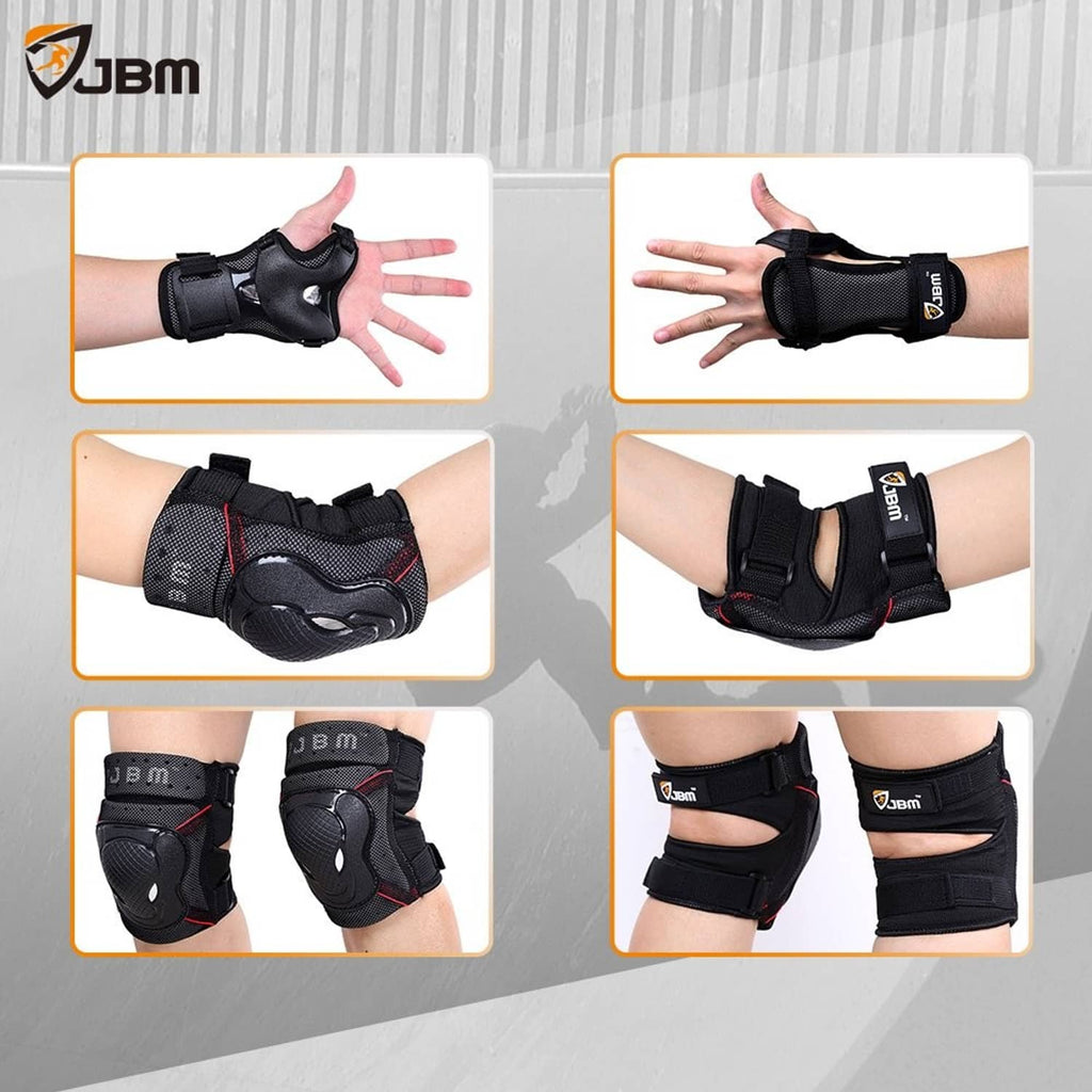 Bike safety pad set shown being worn on wrists, elbows, and knees with adjustable straps.