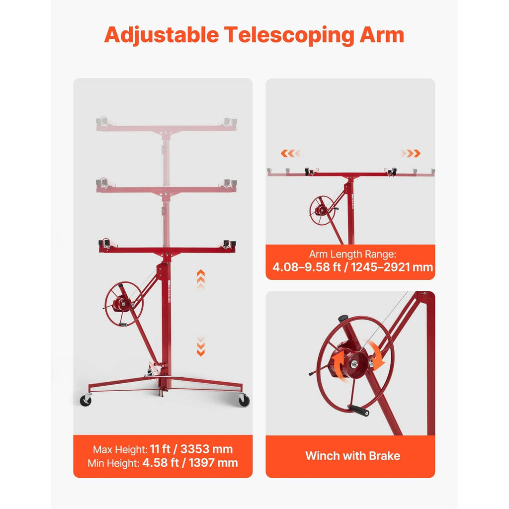 Red drywall lifter hoist with adjustable telescoping arm
