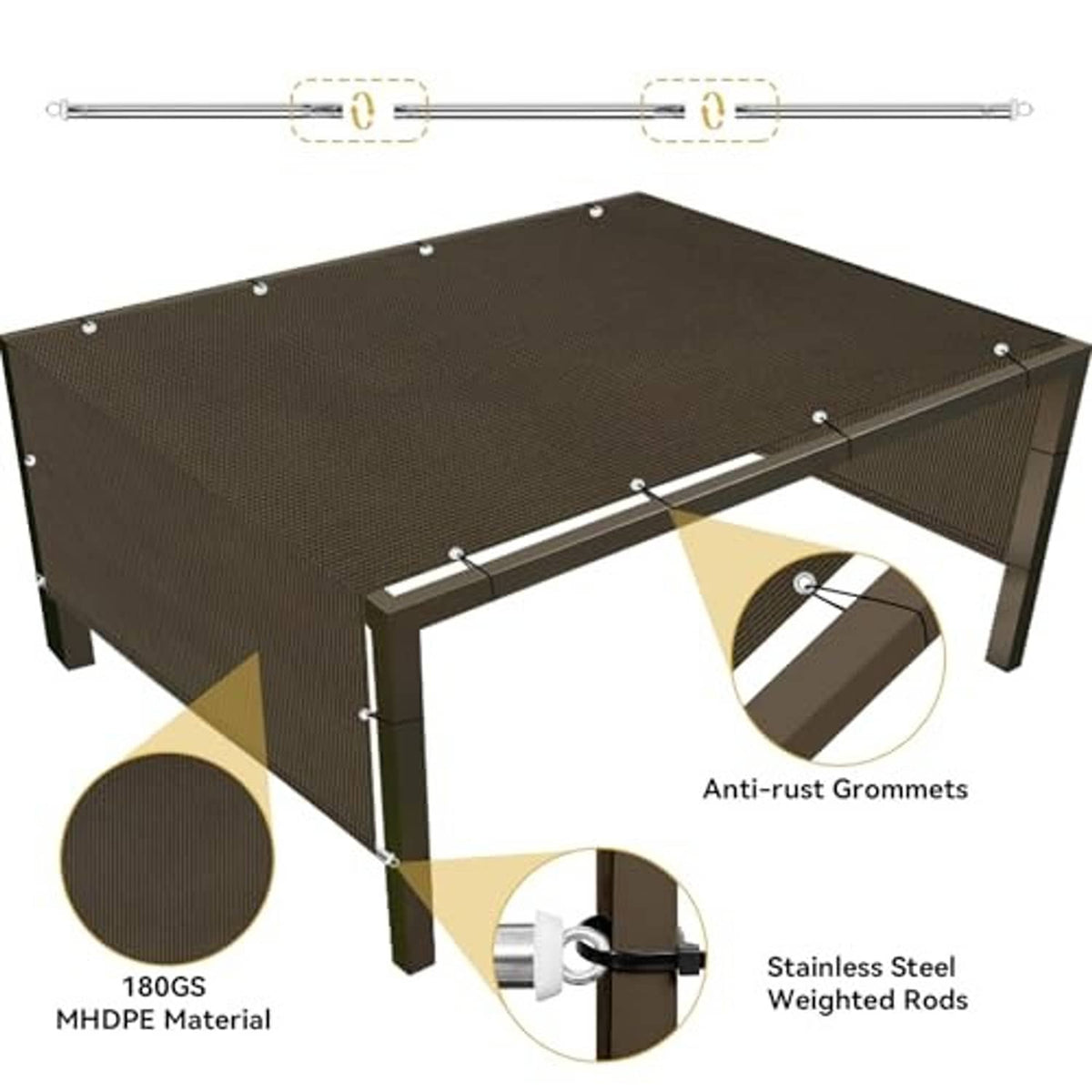 Brown mesh pergola shade cover with corner ties, anti-rust grommets, weighted rods