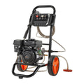 Gas pressure washer cart with black frame, orange wheels, spray gun and hose