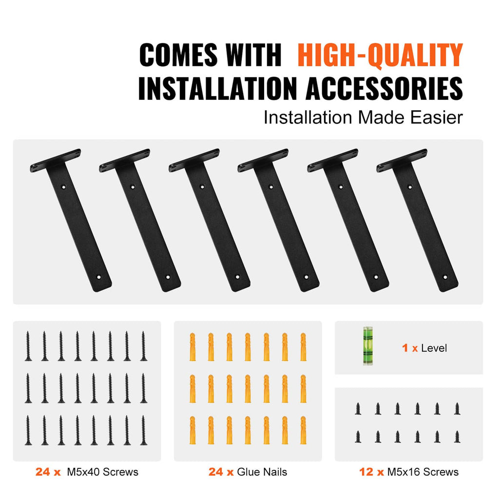 Set of black shelf bracket mounts plus screws and level tool for installation accessories