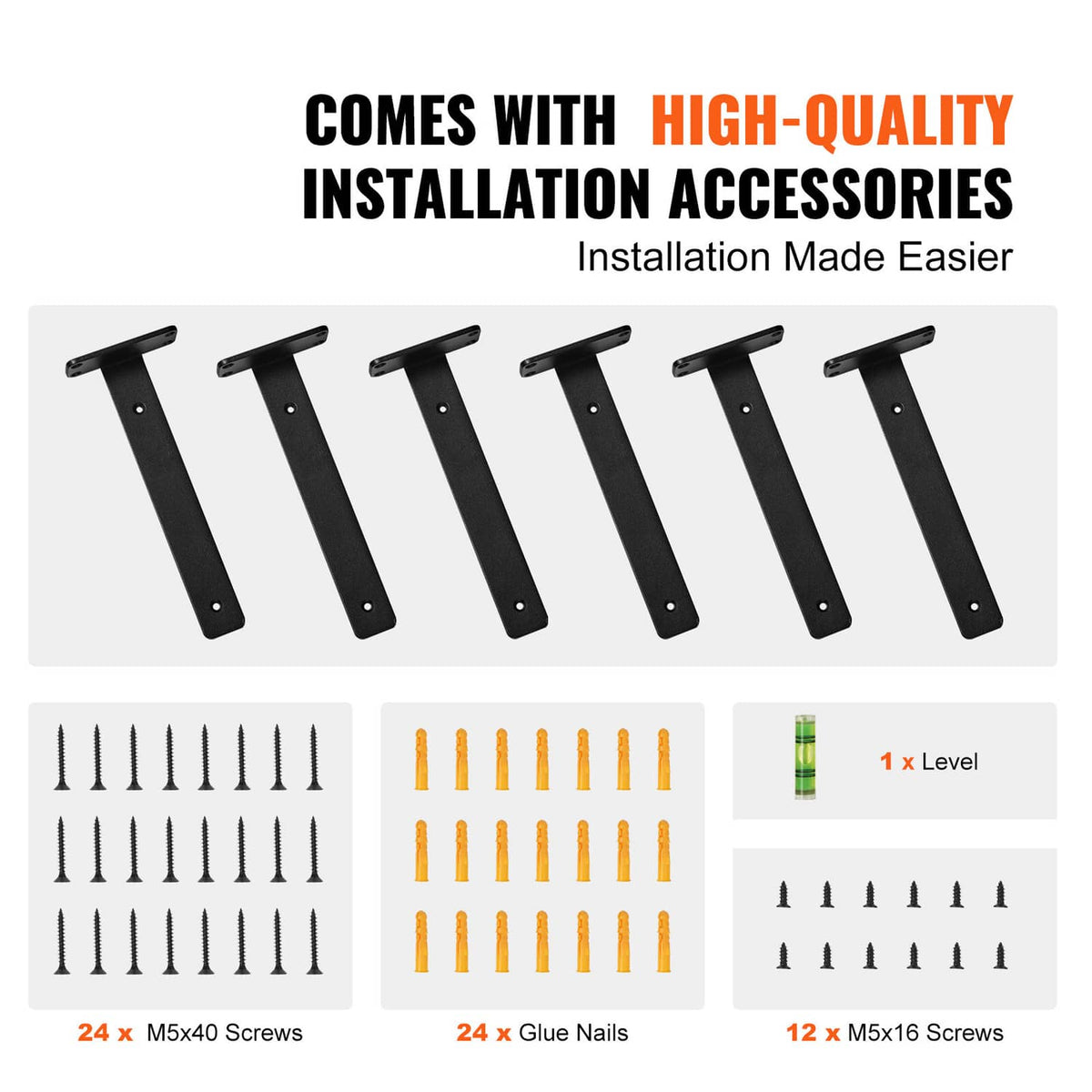 Set of black shelf bracket mounts plus screws and level tool for installation accessories