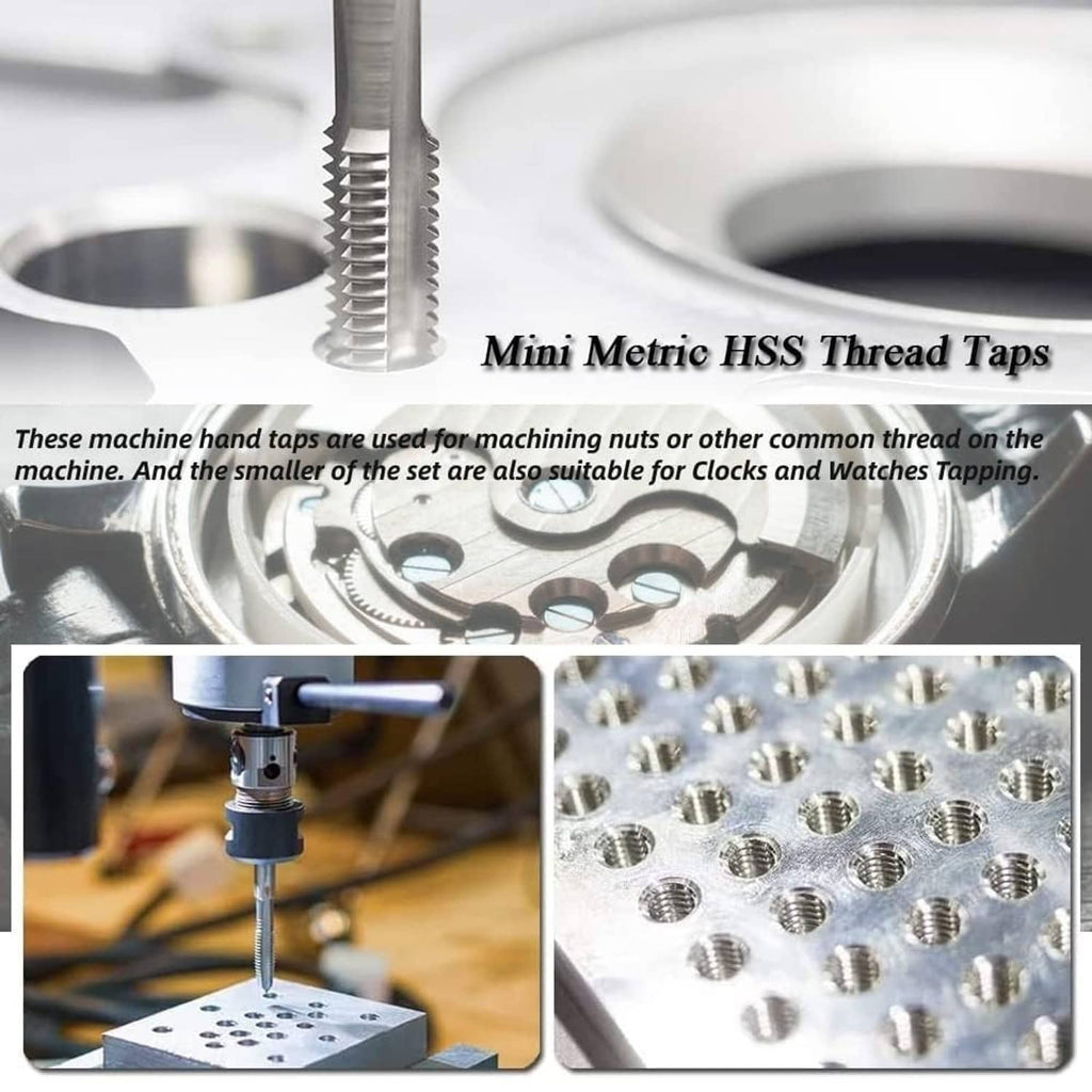 Mini metric HSS thread taps, multiple silvery taps with spiral cutting threads