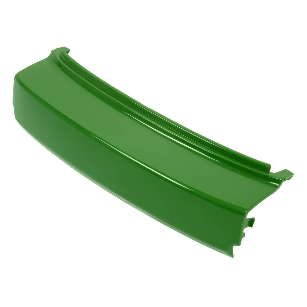 Green front bumper panel for John Deere mower, long curved shape with brackets
