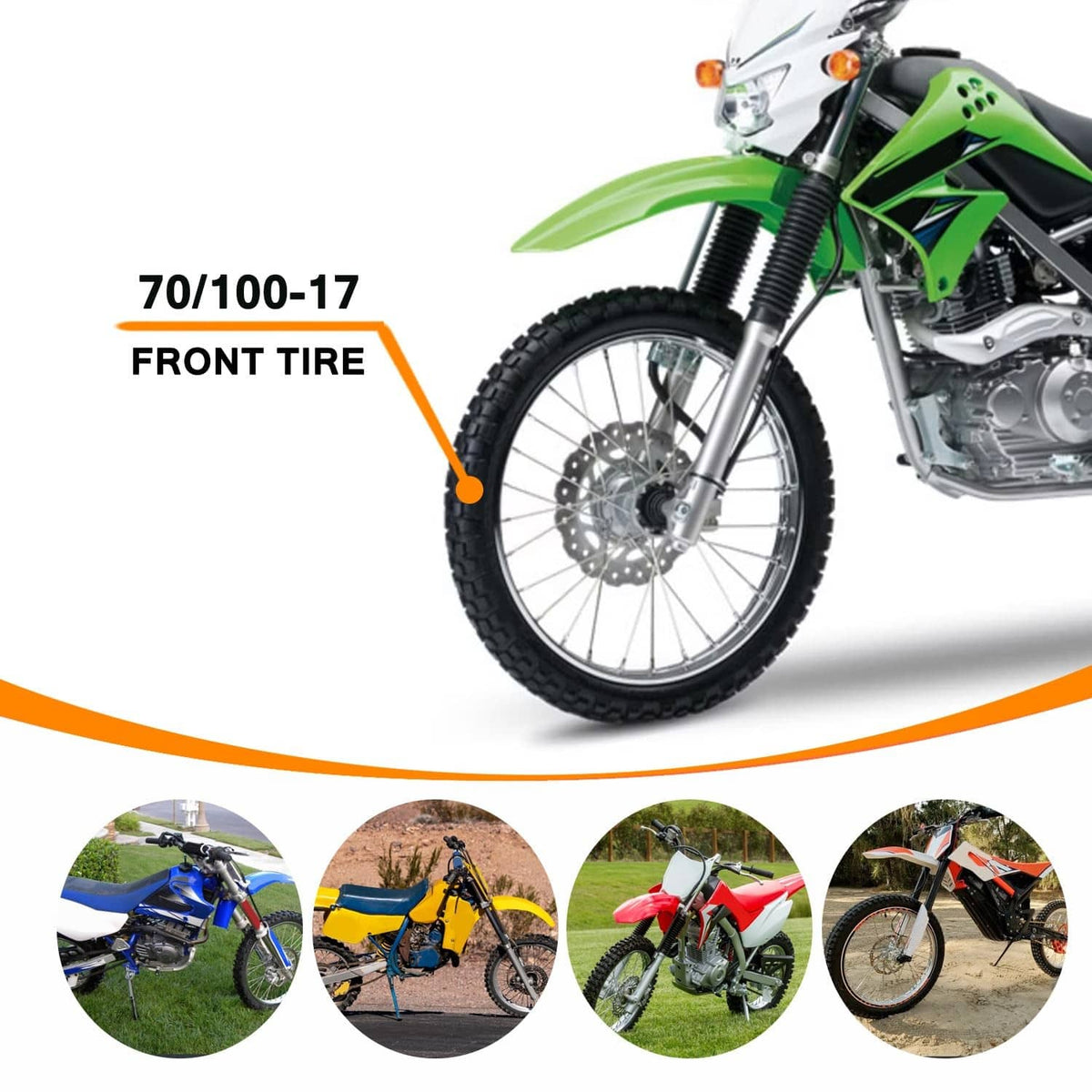 Motorcycle front tire (70/100-17) with knobby tread mounted on a bike wheel