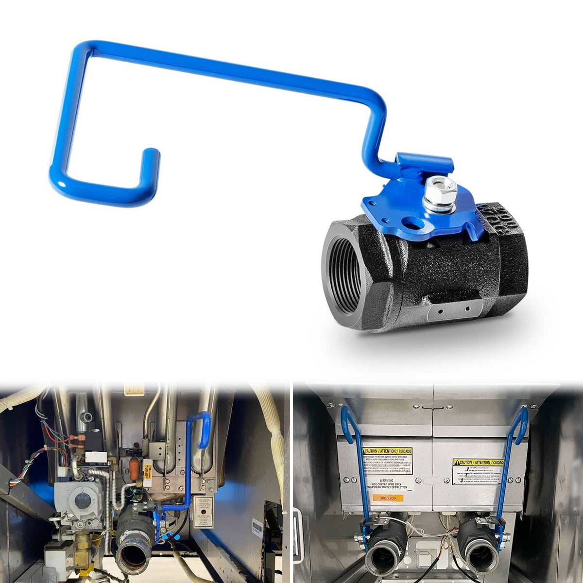 Ball valve with blue lever handle and black cast body, right-hand threaded connection
