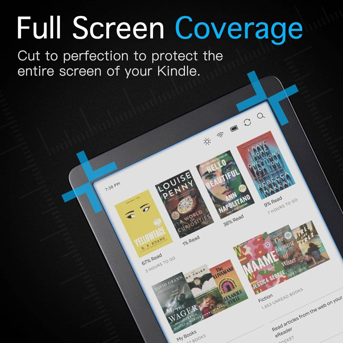 Full-screen coverage screen protector for e-reader over entire display area