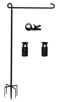 Black metal garden flag stand pole with top hook and five-prong base