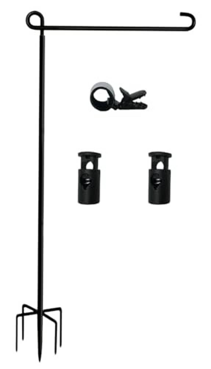 Black metal garden flag stand pole with top hook and five-prong base