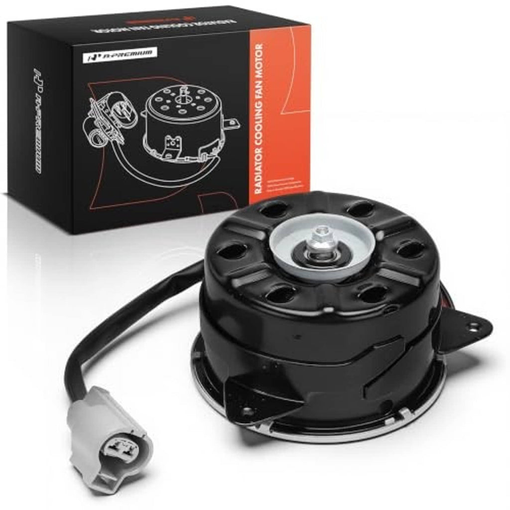 Black radiator fan motor with circular housing, bracket, and wiring connector