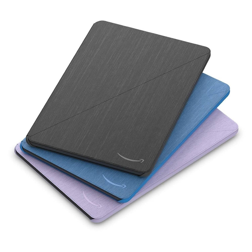 Folded tablet protective covers in dark gray, blue, and purple, tri-fold style.