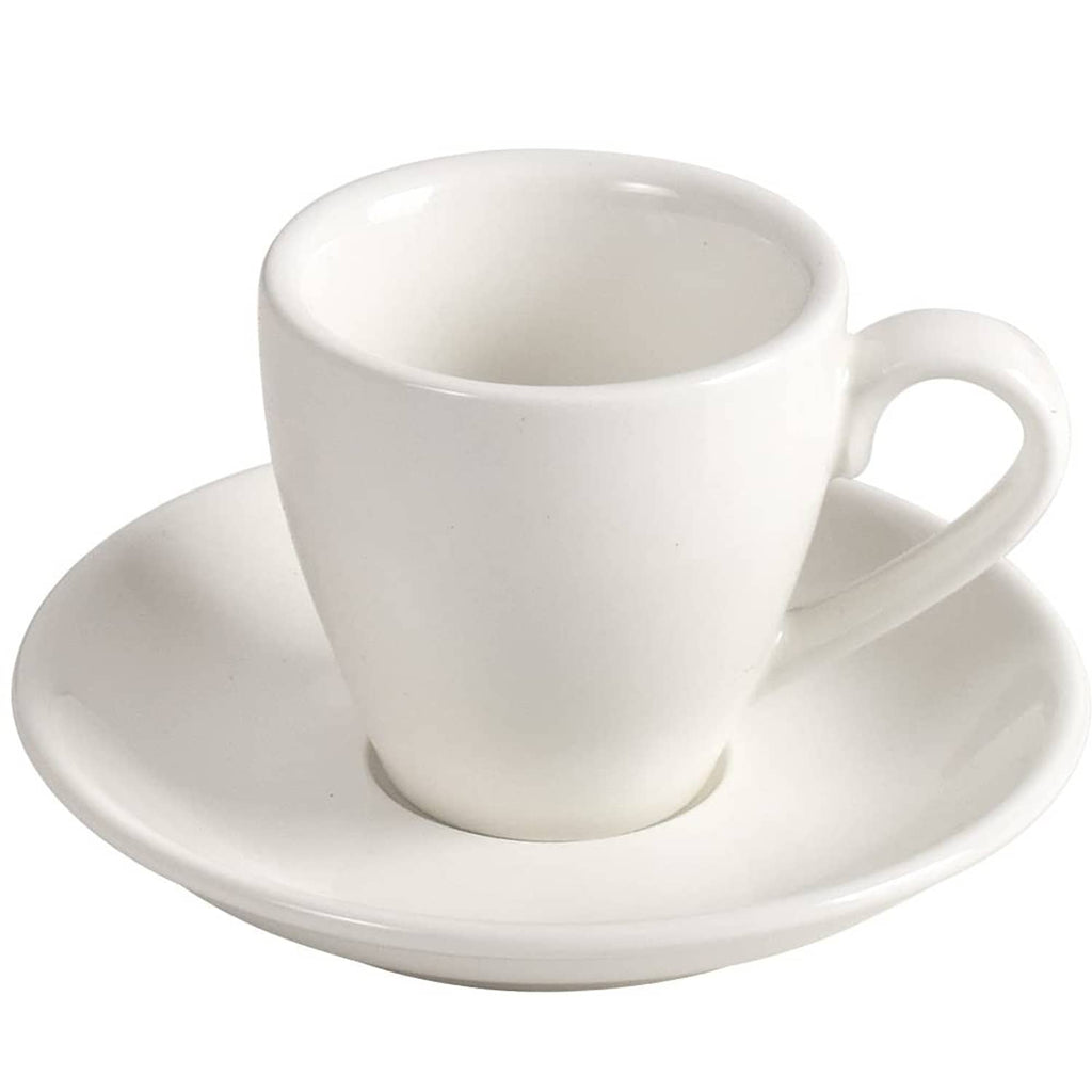 White porcelain espresso cup with matching saucer and side handle