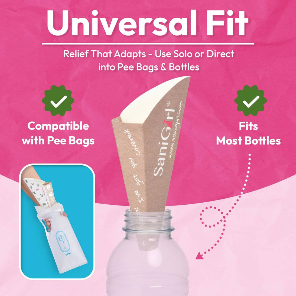 Beige disposable urine funnel positioned over bottle opening for universal fit.