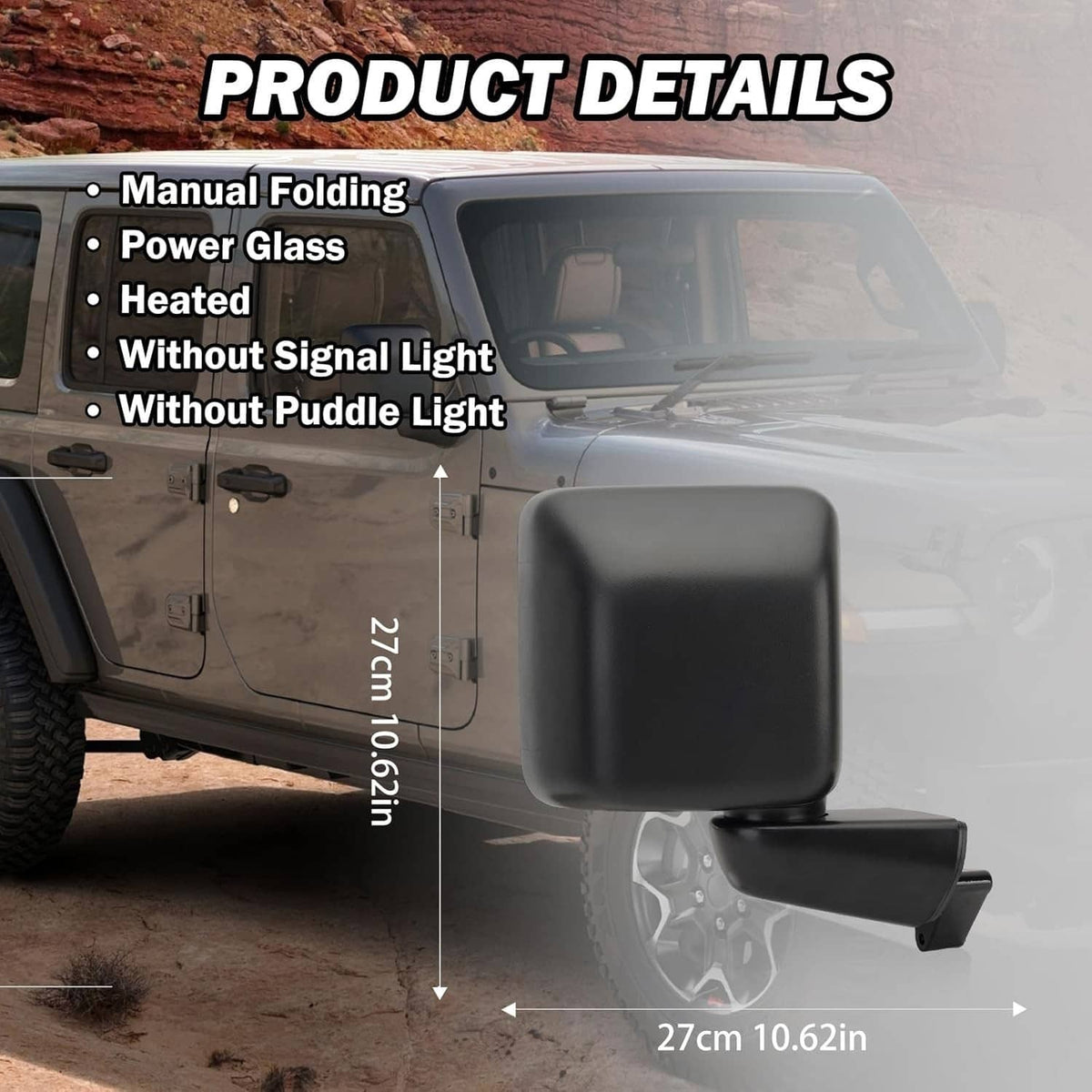 Black heated side mirror with rectangular clear-glass panel and manual folding arm