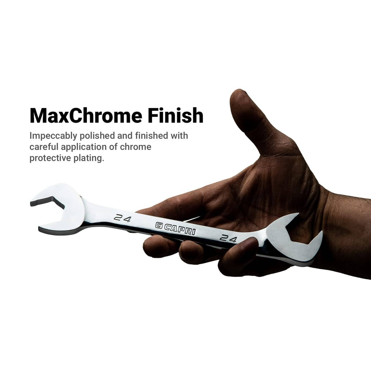 Angle open-end wrench with max chrome finish and V-shaped open ends