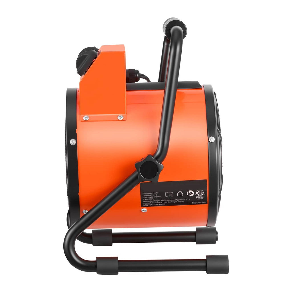 Electric greenhouse heater with black handle frame, orange housing, and heating tube