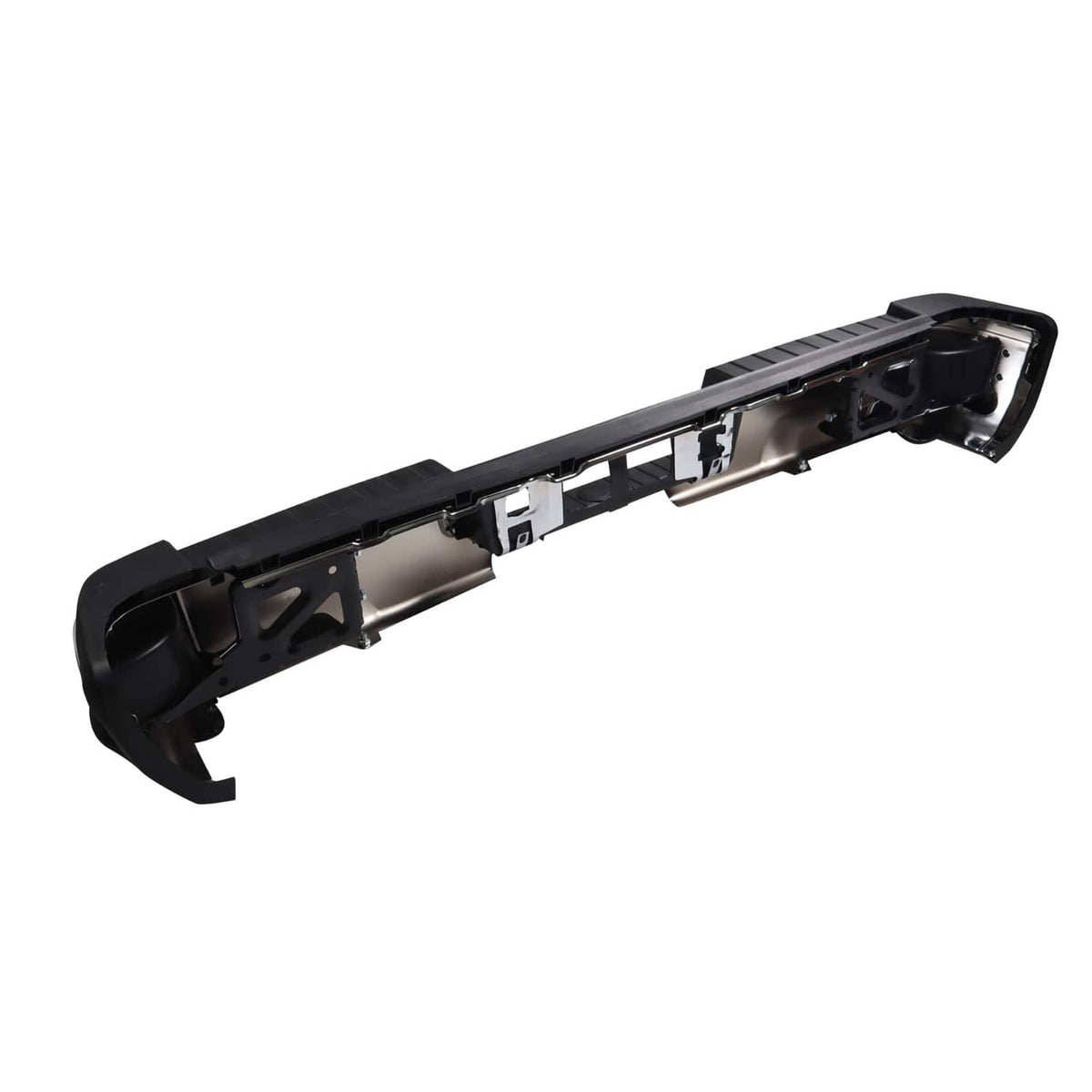 Long view of rear step bumper assembly showing black outer shell and internal frame