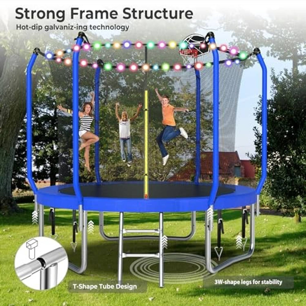 Blue trampoline frame with safety net and basketball hoop, kids jumping in backyard