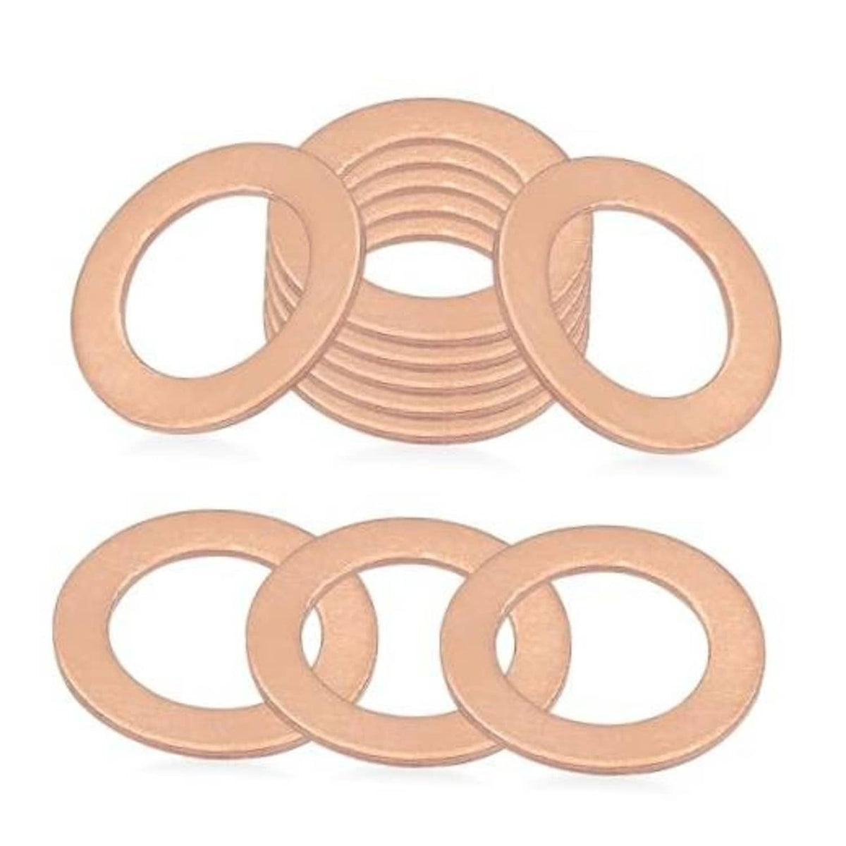 Copper-colored round crush gasket washers, overlapping group of 7