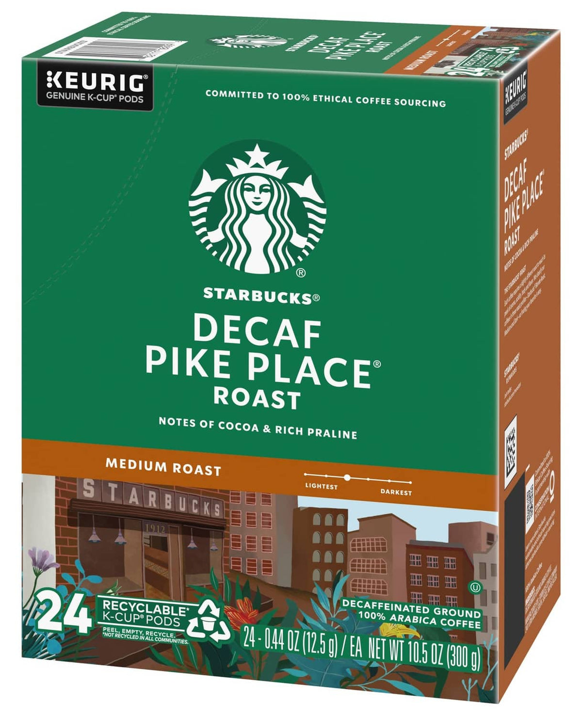 Starbucks Decaf Pike Place K-cup pods box, green and brown, side view, 24 count