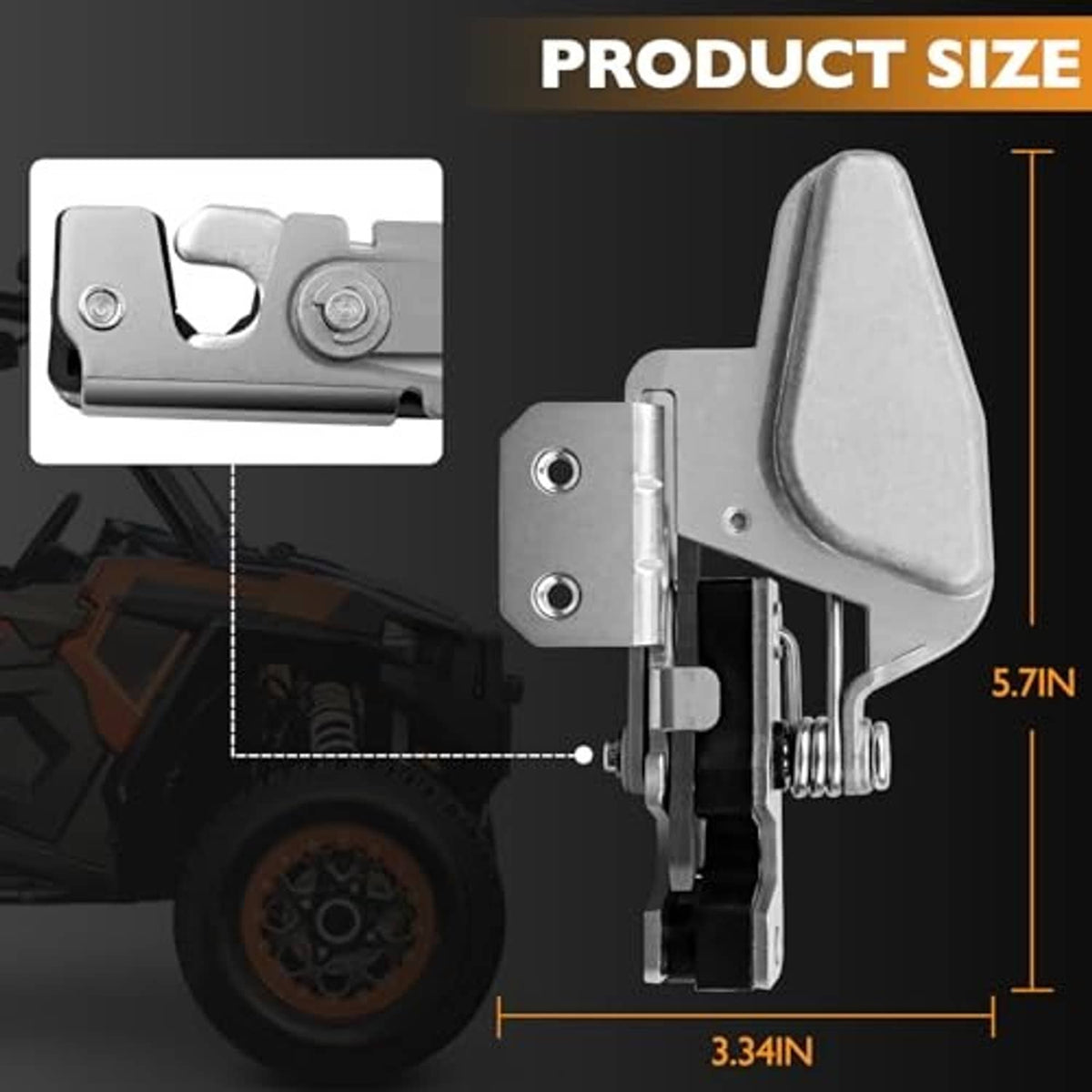 Gray door lock latch with product size diagram and dimension lines