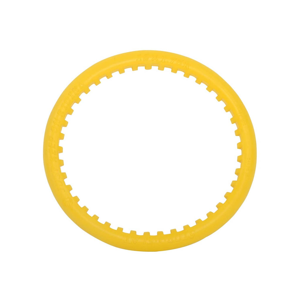 Yellow bicycle inner tube ring with reinforced bead and anti-puncture tread edge.
