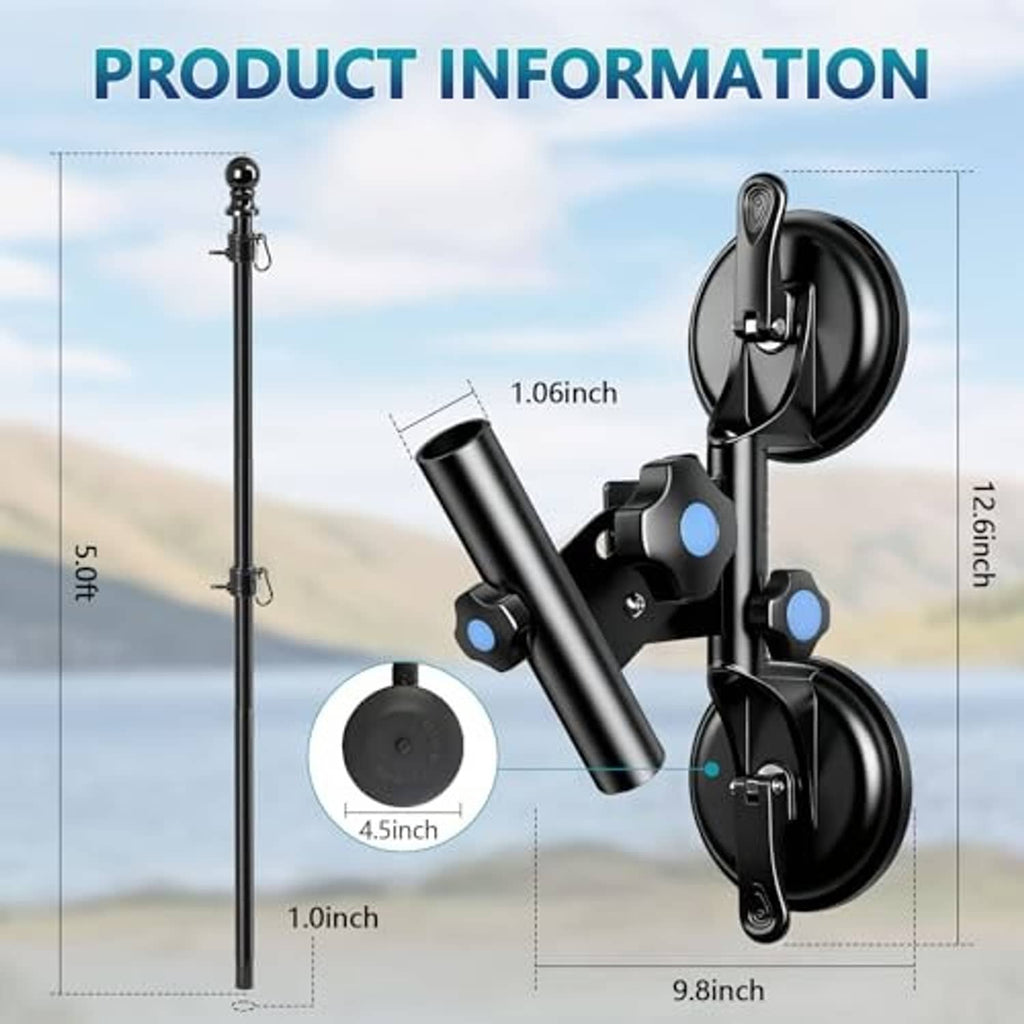 Black RV suction cup flagpole mount with adjustable pole and twin suction cups