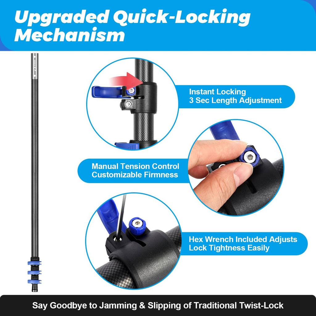 Upgraded quick-lock mechanism detail on carbon fiber telescopic pole with blue knob