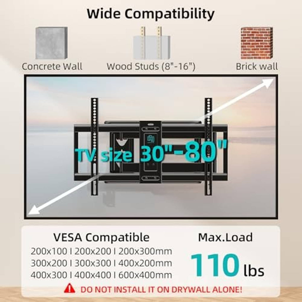 Corner TV wall mount showing size compatibility markings and VESA range on label