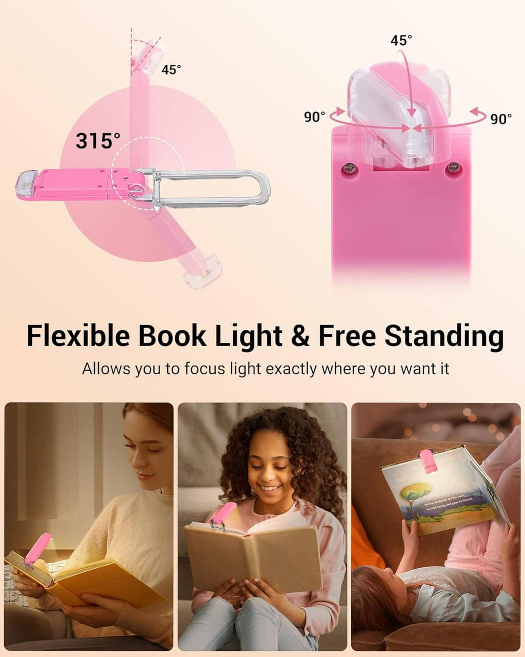Pink flexible LED book light with clip, adjustable angle, and free-standing base