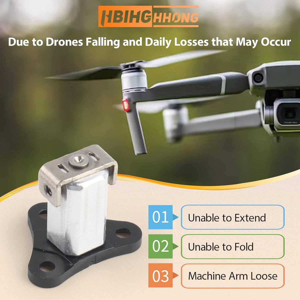 Front arm axis hinge on a black mount, silver hinge block with mounting holes